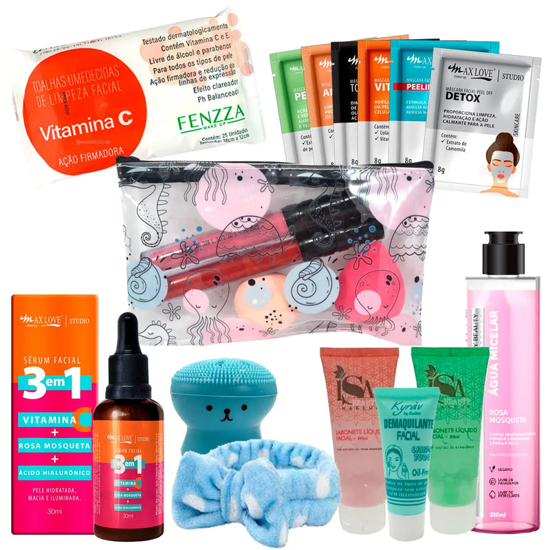 Kit Skin Care Completo com 15 Itens + Necessaire | Limpeza, Hidratação e Praticidade em um só lugar! 💆‍♀️✨